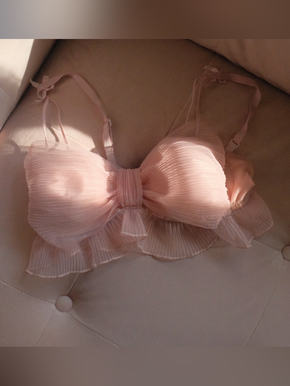 Sheer Ruffled Bow Bralette - Pink